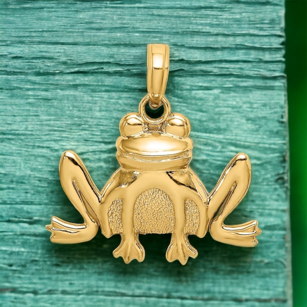 14K Yellow Gold Textured Sitting Frog Necklace Charm Pendant